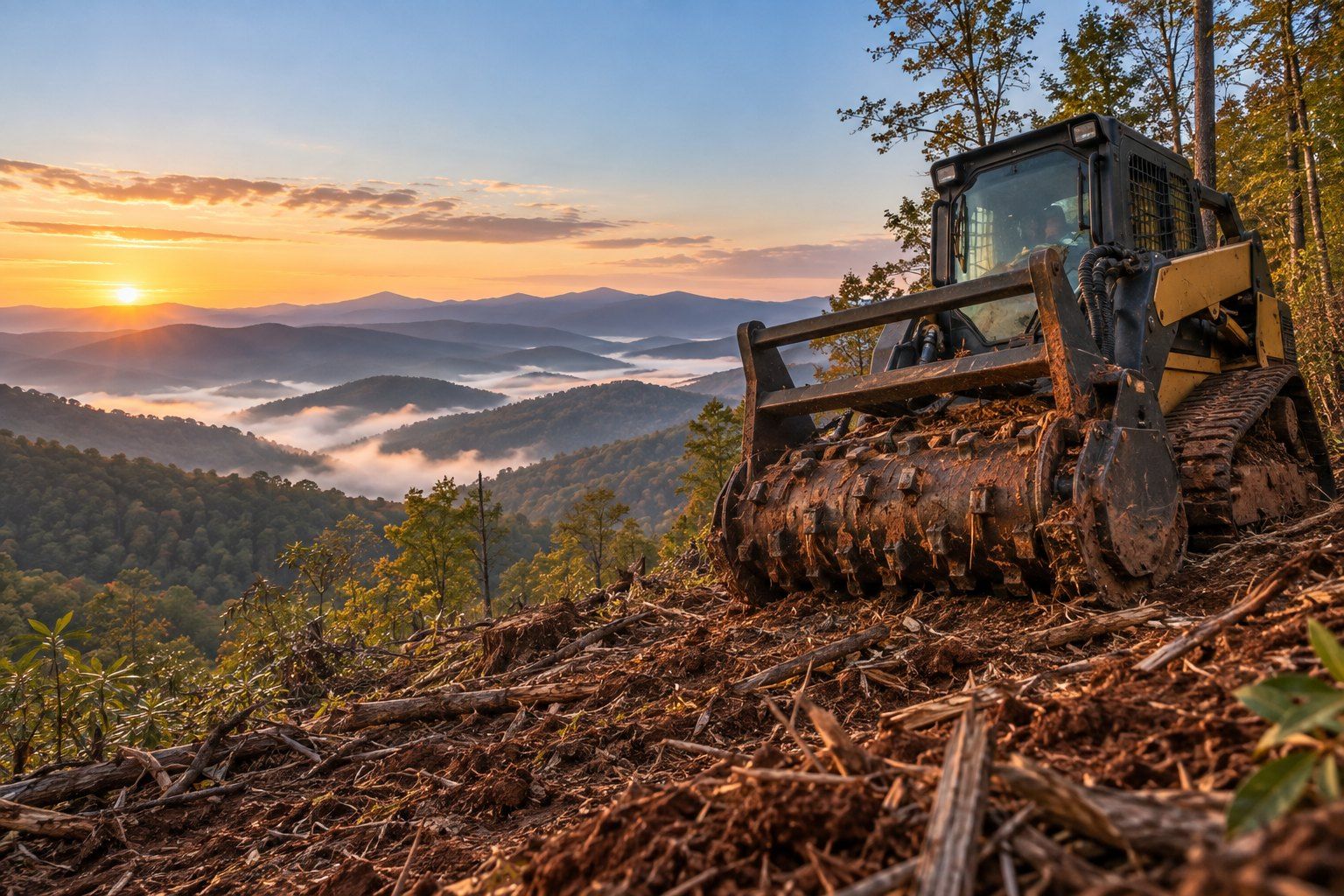 Illustration: a forestry mulcher rests on a freshly mulched mountain slope at sunrise, with fog in the valleys and blue ridgelines behind.