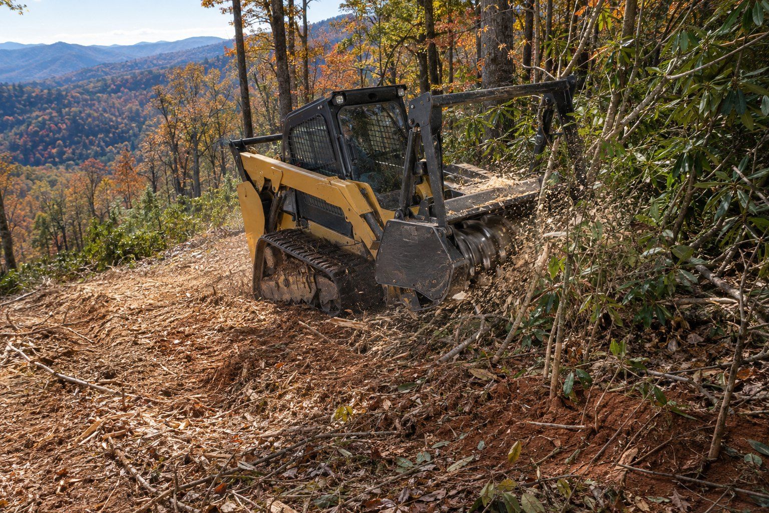 Illustration: a compact track loader with a drum mulcher grinds saplings and rhododendron on a steep wooded slope in autumn. Chips spray from the drum.