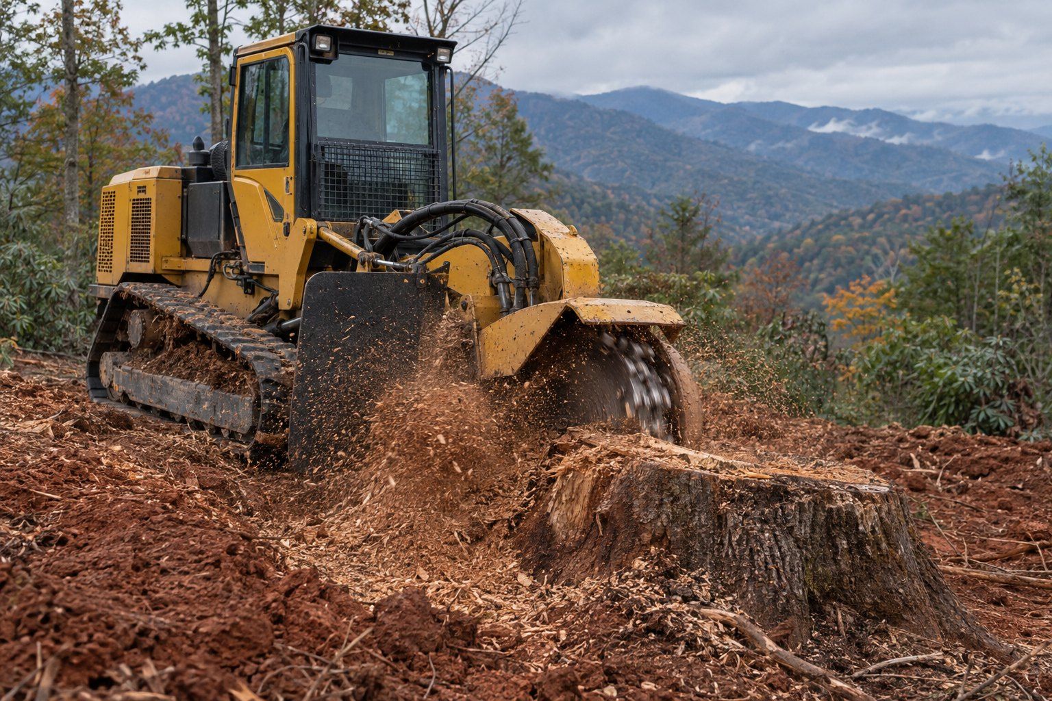 Illustration: a tracked stump grinder cuts a large hardwood stump on a cleared clay lot, with mountain ridgelines behind.